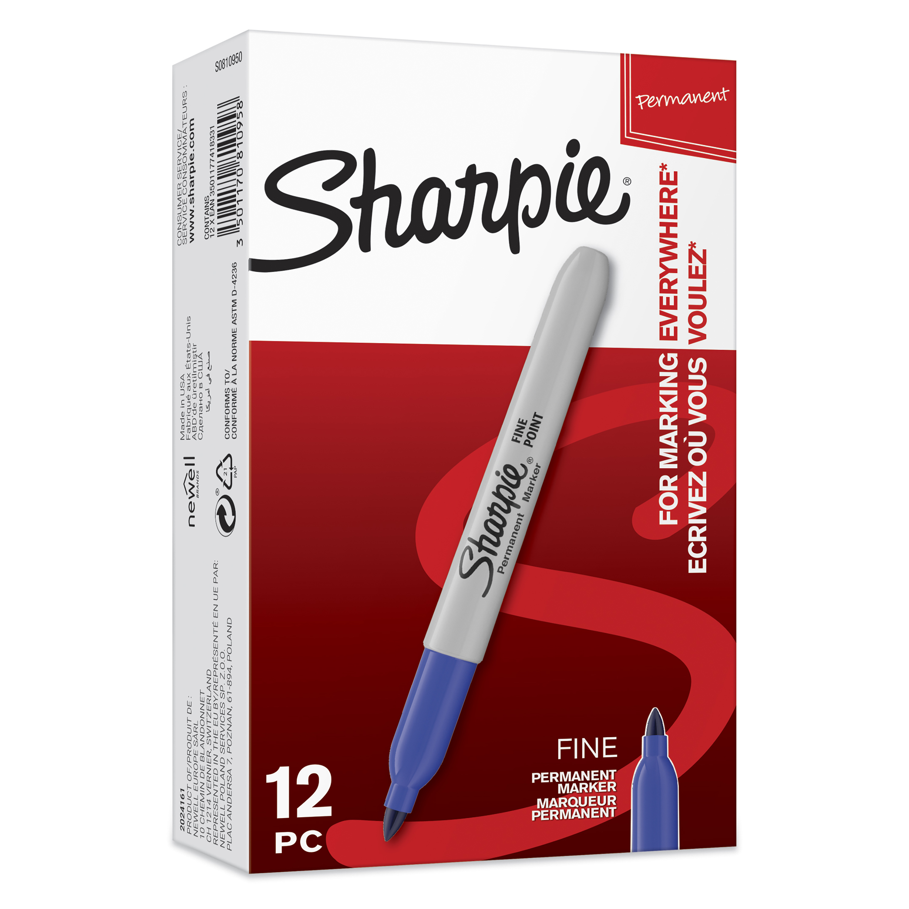 Sharpie - Pack de 12 marqueurs permanents - pointe fine - bleu