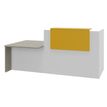 Banque d'accueil OLA - Ensemble composé d'un module haut + un module PMR et d'une tablette jaune curry - L222,5 cm - blanc perle et chêne gris