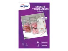 Avery - Stickers transparents A4 - 6 feuilles - impression jet d'encre