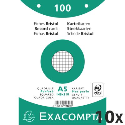 3130631106080-Exacompta - 10 Packs de 100 Fiches Bristol - A5 - petits carreaux - perforées - blanc--0