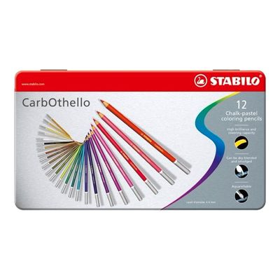 4006381279574-STABILO CarbOthello - 12 Crayons de couleur aquarellables - Boîte métal - Couleur fusain pastel-Avant-0