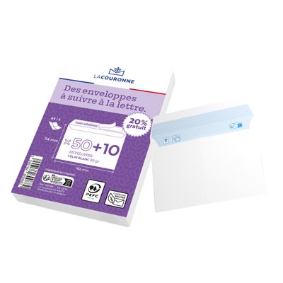 3240184800882-La Couronne - 60 Enveloppes (dont 20% gratuit) - C6 114 x 162mm - 80 gr - sans fenêtre - blanc - bande--0