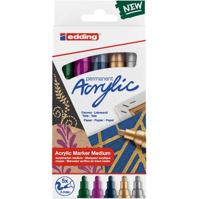 4057305030962-Edding 5100 - Pack de 5 marqueurs acryliques - argent, rouge, vert mousse, or, bleu nuit--0