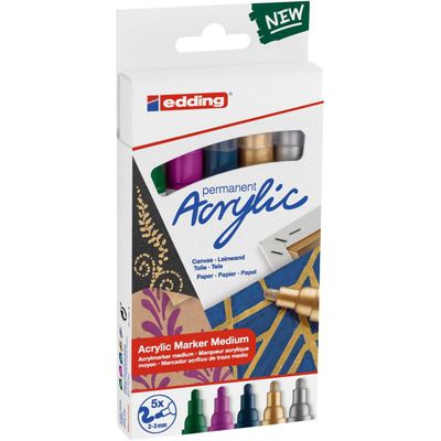 4057305030962-Edding 5100 - Pack de 5 marqueurs acryliques - argent, rouge, vert mousse, or, bleu nuit--1