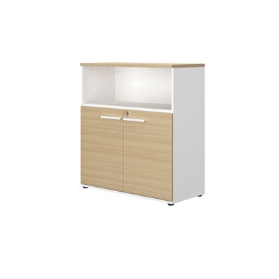 3483601097865-Rangement mi-haut CONNEXION - L80 x H109 x P45 - 2 portes - 1 étagère - 1 niche - Chêne/blanc--0