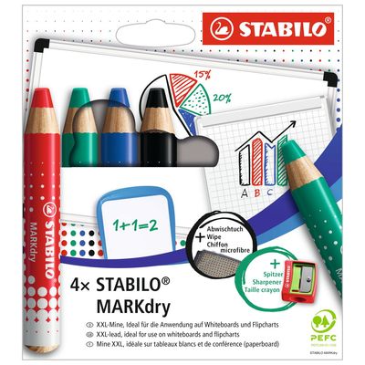 4006381582520-STABILO MARKdry - Pack de 4 crayons de coloriage larges + 1 taille-crayon et 1 chiffonnette  - couleurs--0