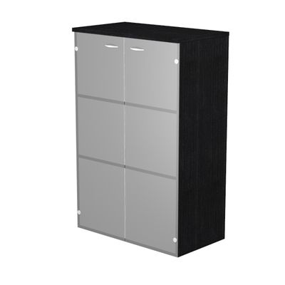 7331920002410-Bibliothèque mi-haute Trend - L80xP35xH120 cm - 2 portes en verre dépoli - imitation frêne noir--0