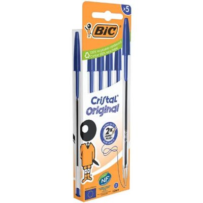 3086123734661-BIC Cristal - 5 Stylos à bille - bleu - 1 mm - pointe moyenne (étui carton)--1