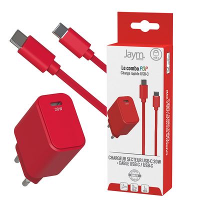 3701263527040-Jaym - Chargeur secteur pour smartphone + câble USB-C - rouge--0