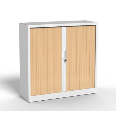 3700339996018-Armoire basse à rideau - L120 x H105 x P43 cm - corps blanc/rideau chêne--0
