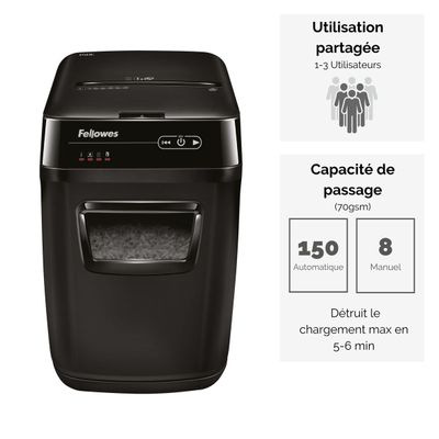 043859683741-Fellowes AutoMax 150C - destructeur de documents coupe croisée - 150 feuilles - Corbeille 32 litres - anti-bourrage - destruc--1