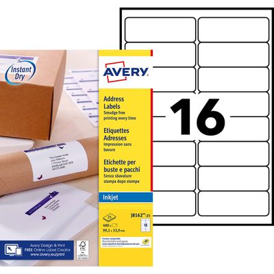 3266550129234-Avery - 400 Étiquettes adresse blanches - 99,1 x 33,9 mm - Impression jet d'encre - réf J8162-25--0