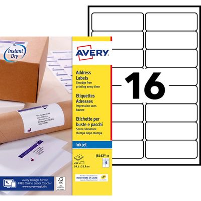 5014702086540-Avery - 240 Étiquettes adresse blanches - 99,1 x 33,9 mm - Impression jet d'encre - réf J8162-15--0