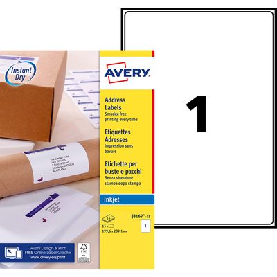 5014702138201-Avery - 15 Étiquettes d'expédition blanches - 199,6 x 289,1 mm - Impression jet d'encre - réf J8167---0
