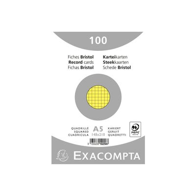 3130632102586-Exacompta - 10 Packs de 100 Fiches Bristol - A5 - petits carreaux - non perforées - jaune-Avant-1