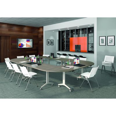 3253310171619-Table de réunion abattantes angle à droite - L200 x P80 cm - pied blanc - plateau imitation merisier--4