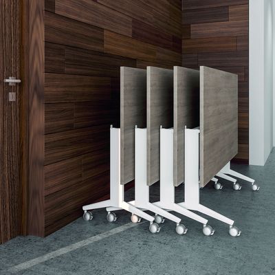 3253310171619-Table de réunion abattantes angle à droite - L200 x P80 cm - pied blanc - plateau imitation merisier--3