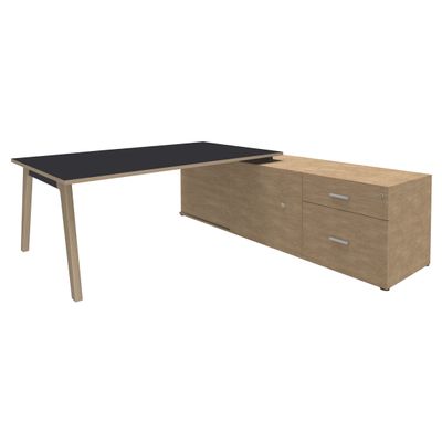 3253310171817-Bureau WOODY Manager - L210 x P100 x H72,5 cm - console retour à droite L200 x P60 cm - pieds carbone - plateau carbone chants imita--0