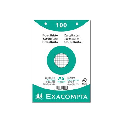 3130631106080-Exacompta - 10 Packs de 100 Fiches Bristol - A5 - petits carreaux - perforées - blanc-Avant-2