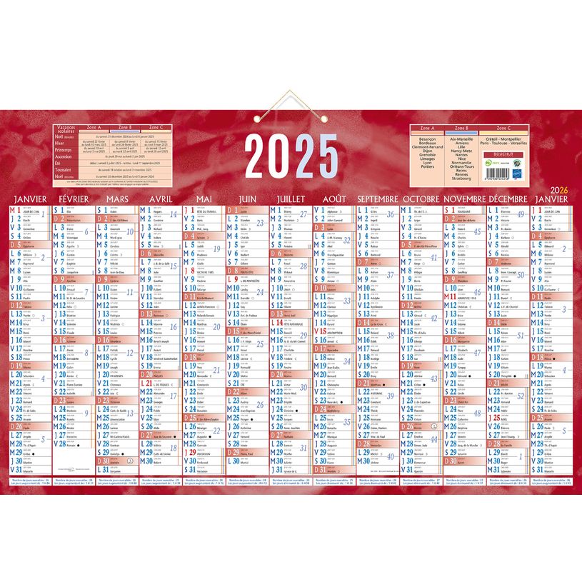 3592930026535-Calendrier bancaire année civile BOUCHUT "228 Rouge" 43 x 65 cm coloris rouge 70 %-P_22811_1-0