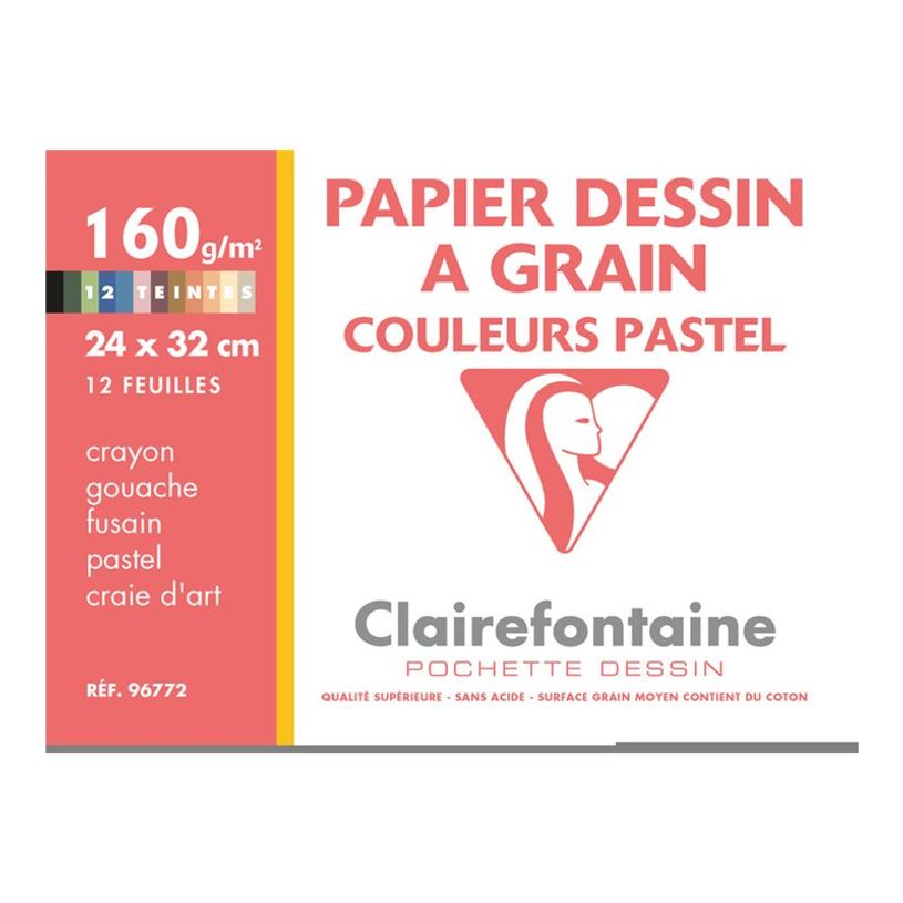 3329680967722-Clairefontaine Dessin à Grain - Pochette papier à dessin - 12 feuilles - 24 x 32 cm - 160 gr-P_96772_1-0