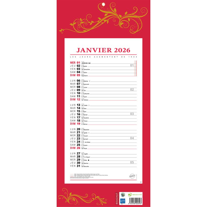 3592930026993-Calendrier bloc mensuel à feuillets année civile BOUCHUT "411 Rouge" 19 x 42 cm 70 %--0