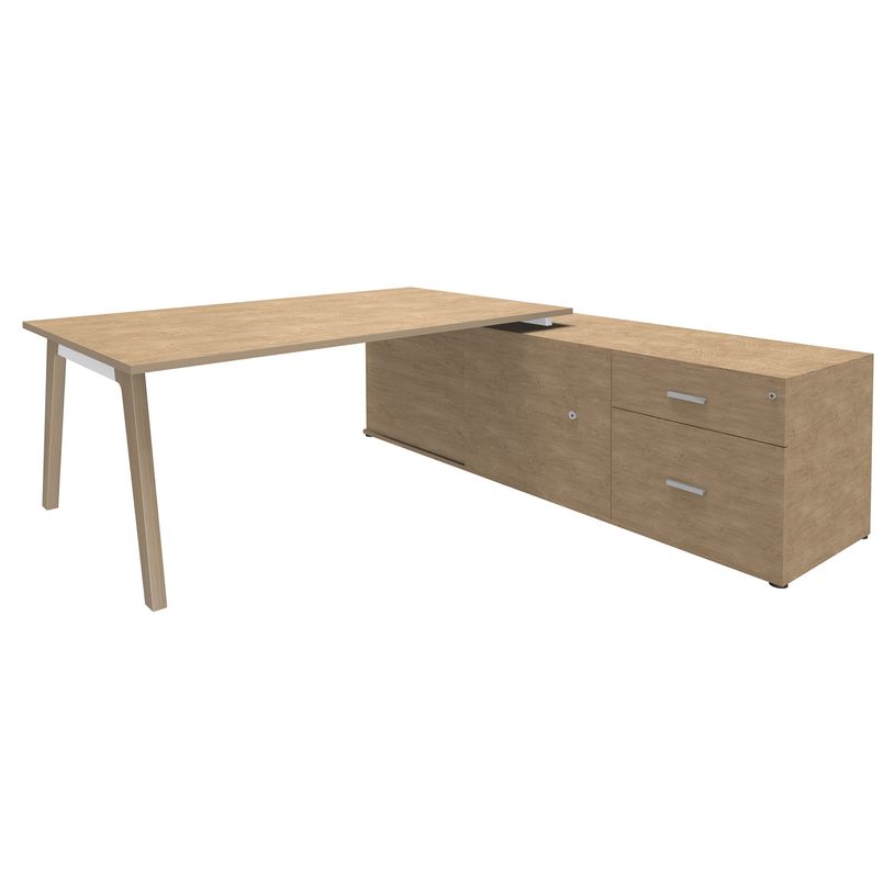 3253310171794-Bureau WOODY Manager - L210 x P100 x H72,5 cm - console retour à droite L200 x P60 cm - pieds blanc - -P_400001886_1-0
