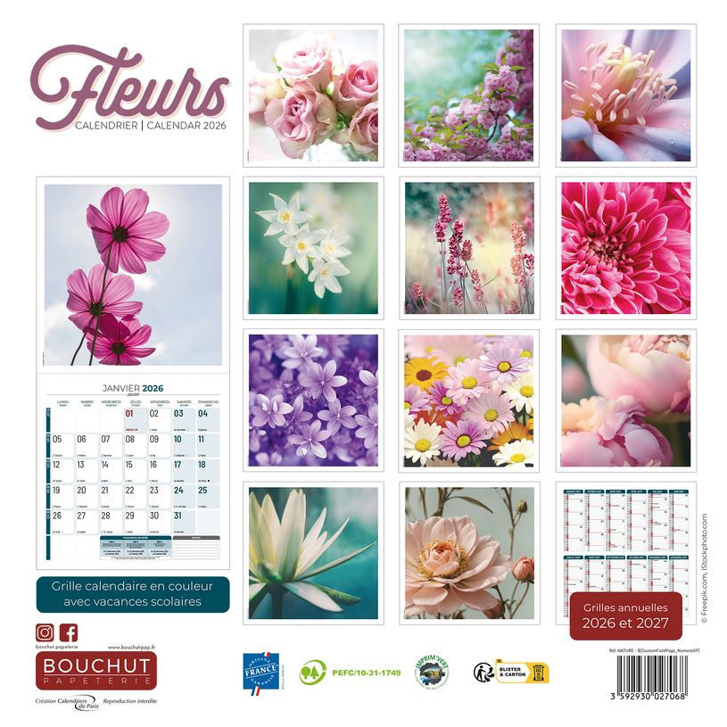 3592930027068-Calendrier illustré BOUCHUT 30 x 30 cm FLEURS Pefc 70 %--2