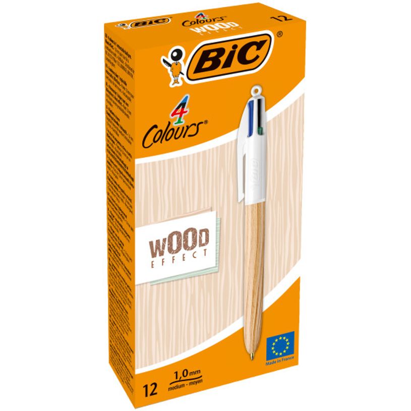 3086123704213-BIC 4 Couleurs WOOD - 12 Stylos à bille 4 couleurs - corps naturel-P_405132852_1-0