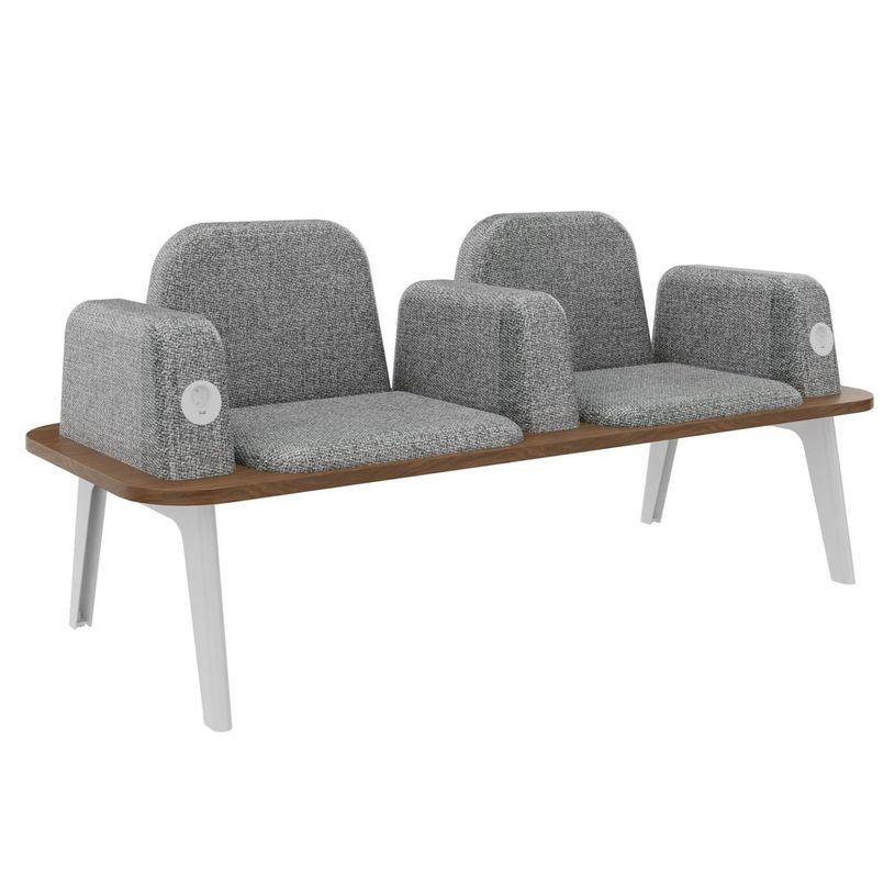 3253310179448-Banquette ILO - 2 places L172xP67cm -  blanc - structure noyer - tissu gris chiné-P_405134619_1-0