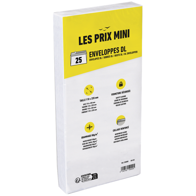 3240182500005-Les Prix Mini - 25 Enveloppes DL 110 x 220 mm - 80 gr - sans fenêtre - bande adhésive-P_405148851_1-0