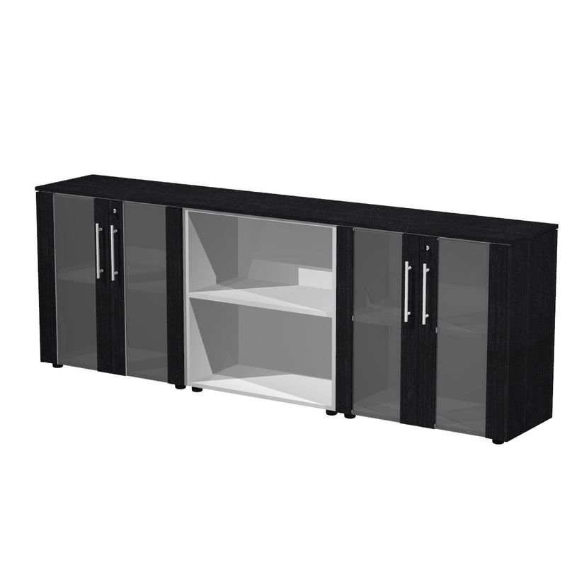 7331920003318-Armoire basse triple Flora - L243xP43xH81,4 cm - 4 portes vitrées - 3 étagères - frêne-P_405154470_1-0