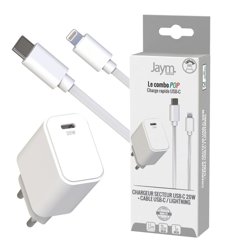 3701263527019-Jaym - Chargeur secteur pour smartphone + câble USB-C - blanc-P_405224312_2-0