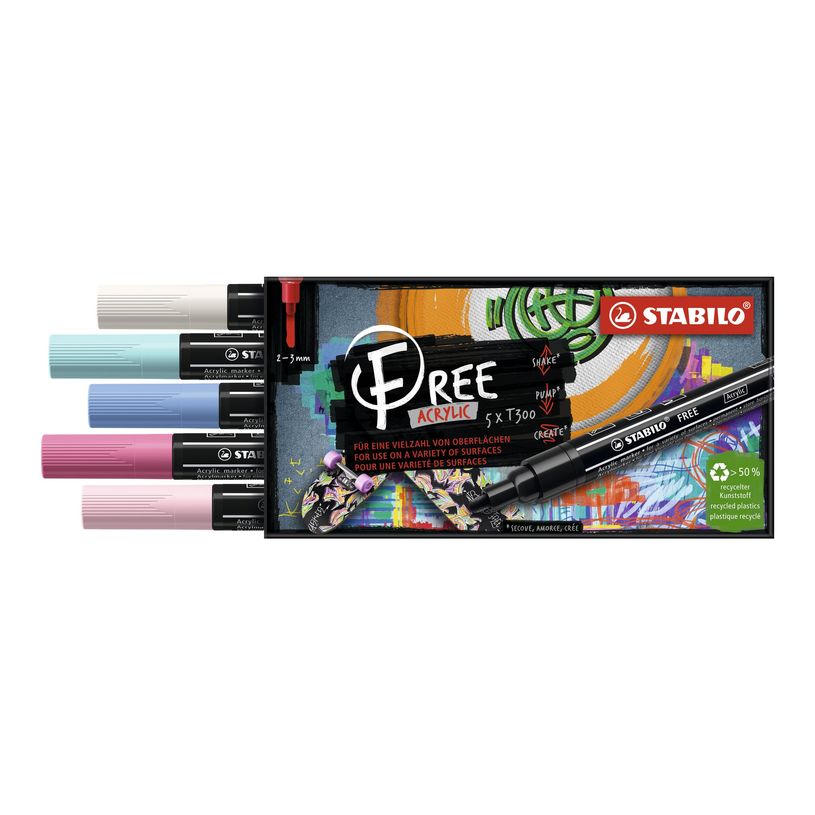 4006381615143-STABILO Free T300 Candy - 5 Marqueurs - permanent - rose poudré, rose, bleu clair, bleu cobalt, blanc - opaque - encre acrylique -P_405234765_4-3