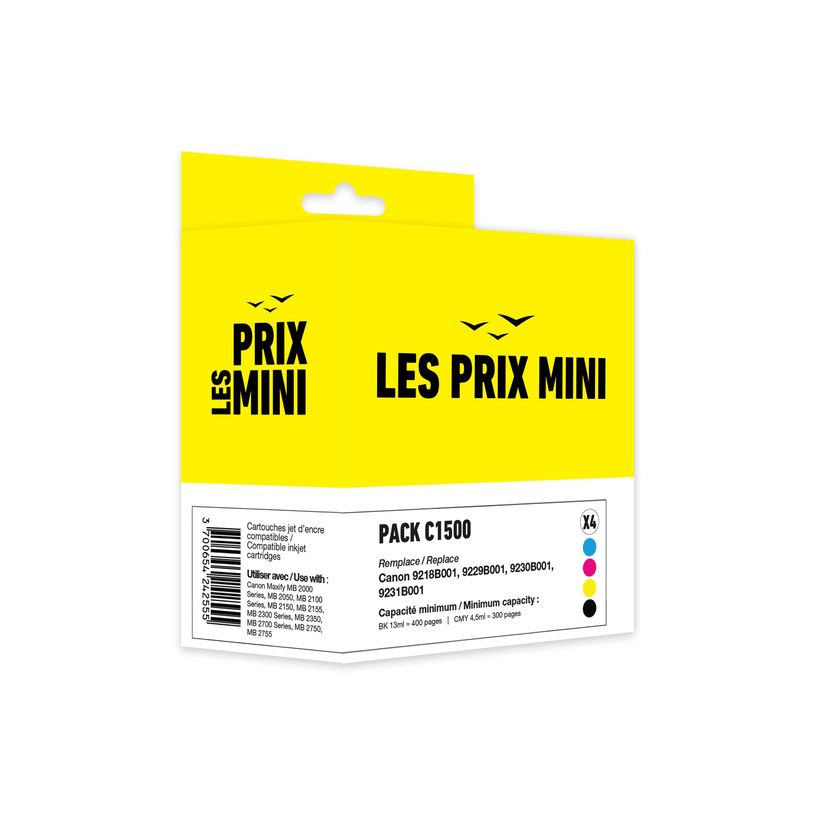 3701645516006-Cartouche compatible Canon PGI-1500 - Pack de 4 - noir, cyan, magenta, jaune - LES PRIX MI-P_405246723_1-0
