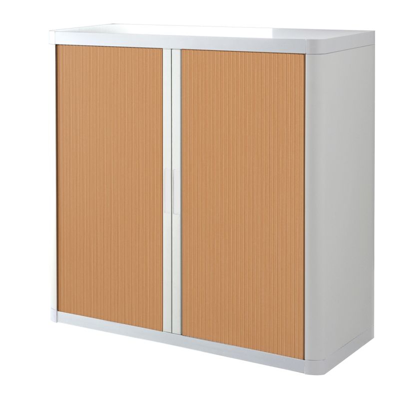 3660141930184-Armoire basse à rideaux EASY OFFICE - 110 x 104 x 41,5 cm - Corps et poignée blanc - Rideaux imitatio--0