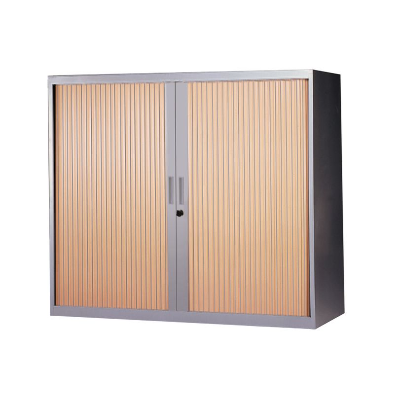 3700339871476-Armoire basse à rideaux - L120  x H105 x P43 cm - 2 tablettes - corps silver / porte hêtr-P_79367702_1-0