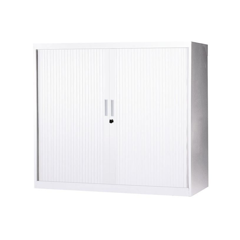 3700339871742-Armoire basse à rideaux - L120  x H105 x P43 cm - 2 tablettes - blanc-P_79367725_1-0