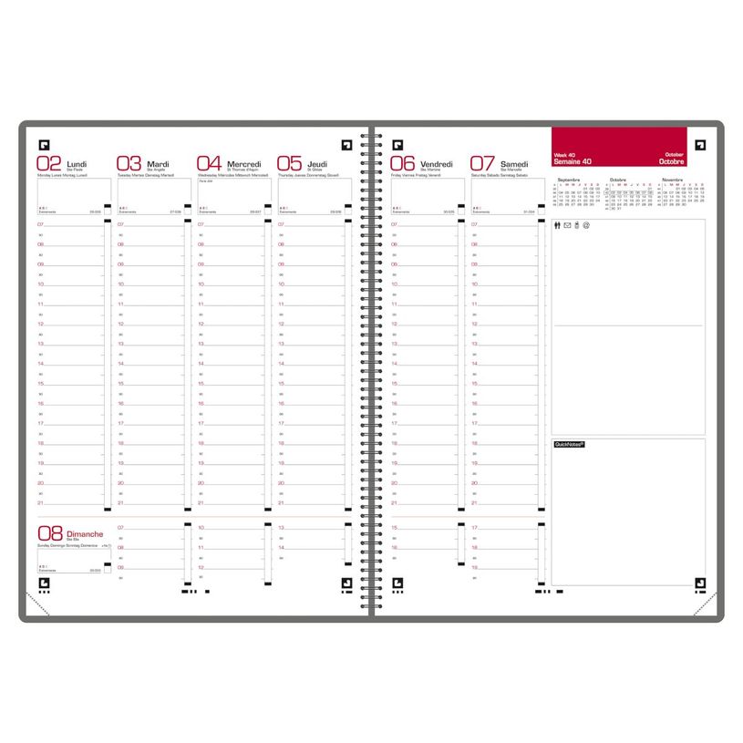 3147284770216-Agenda à élastique Office - 1 semaine sur 2 pages - 15 x 21 cm - gris/rouge - Oxford--1