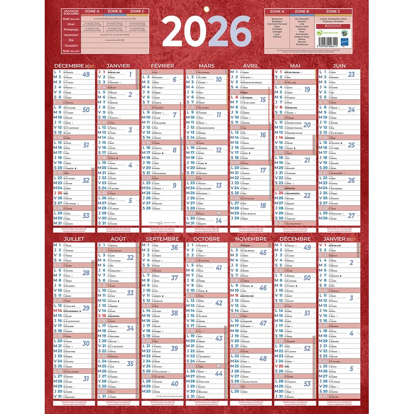 3592930026511-Bouchut 229 - Calendrier bancaire recto 14 mois - 55 x 43 cm - rouge--0