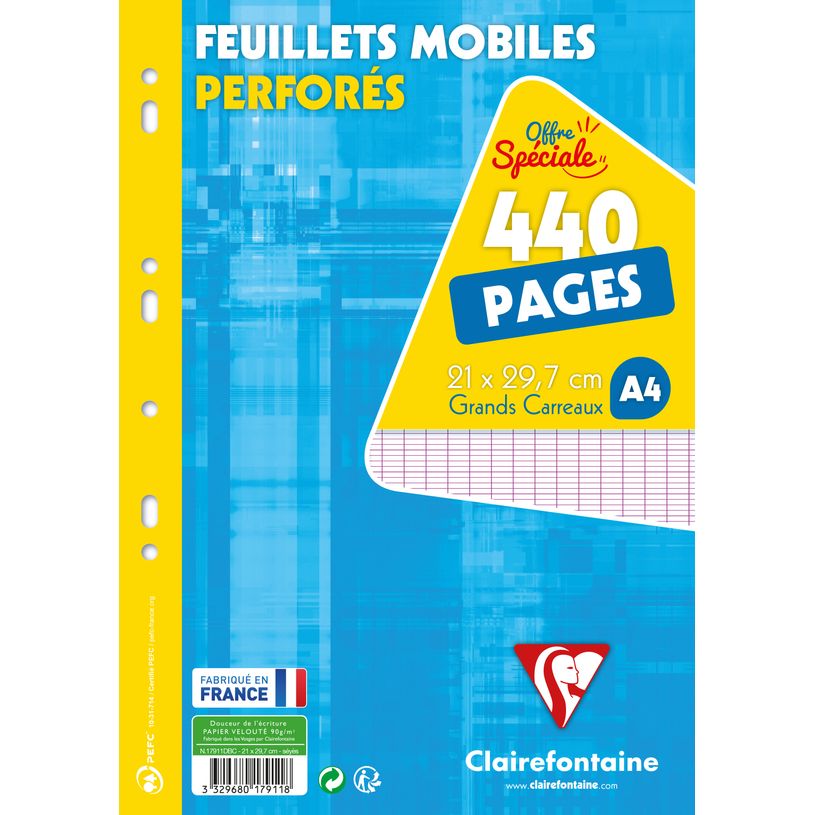 3329680179118-Clairefontaine - feuillets mobiles - 440 pages - A4 - grands carreaux (Seyes) - perforées-P_79409982_1-0