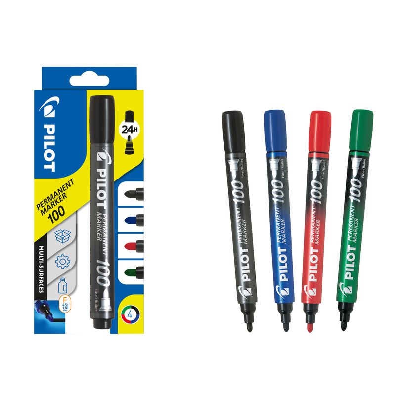 3131910501725-Pilot 100 - Pack de 4 marqueurs permanents - pointe ogive - noir, bleu, rouge, vert-P_79420078_1-0