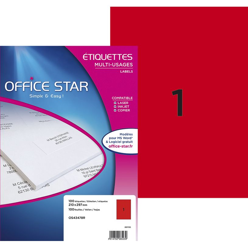 5014702085239-Office Star - 100 Étiquettes multi-usages rouge - 210 x 297 mm - réf OS43478R-P_79421797_1-0