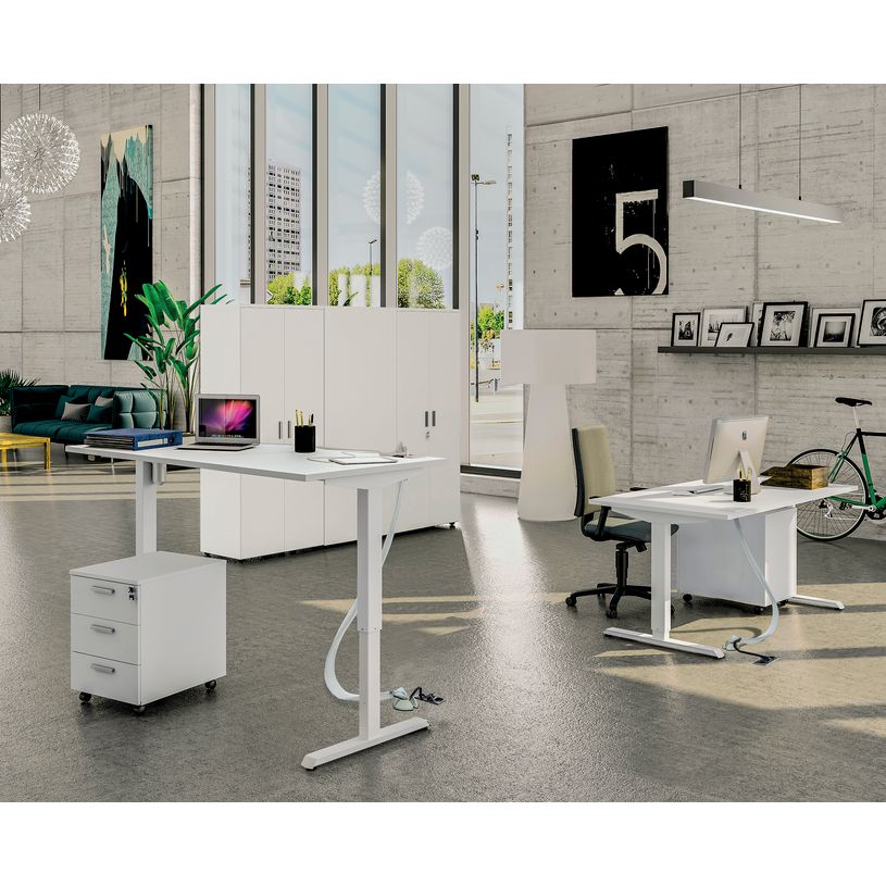 3253310160026-Bureau LEVEL - Bureau éléctrique - L140 - pied blanc - plateau Imitation Chêne gris-P_79429786_2-1